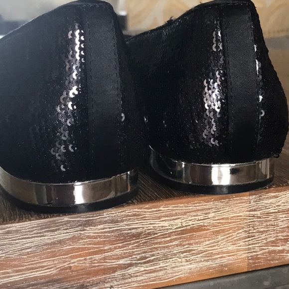 WHBM black shiny sequin flats pointed toe shoes dressy with gold metallic heel - Picture 5 of 7